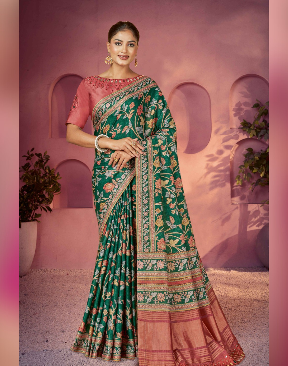 Chic Green Floral Gajji Satin Silk Saree with Mirror Hand Embroidery Perfect for Occasions - Buy