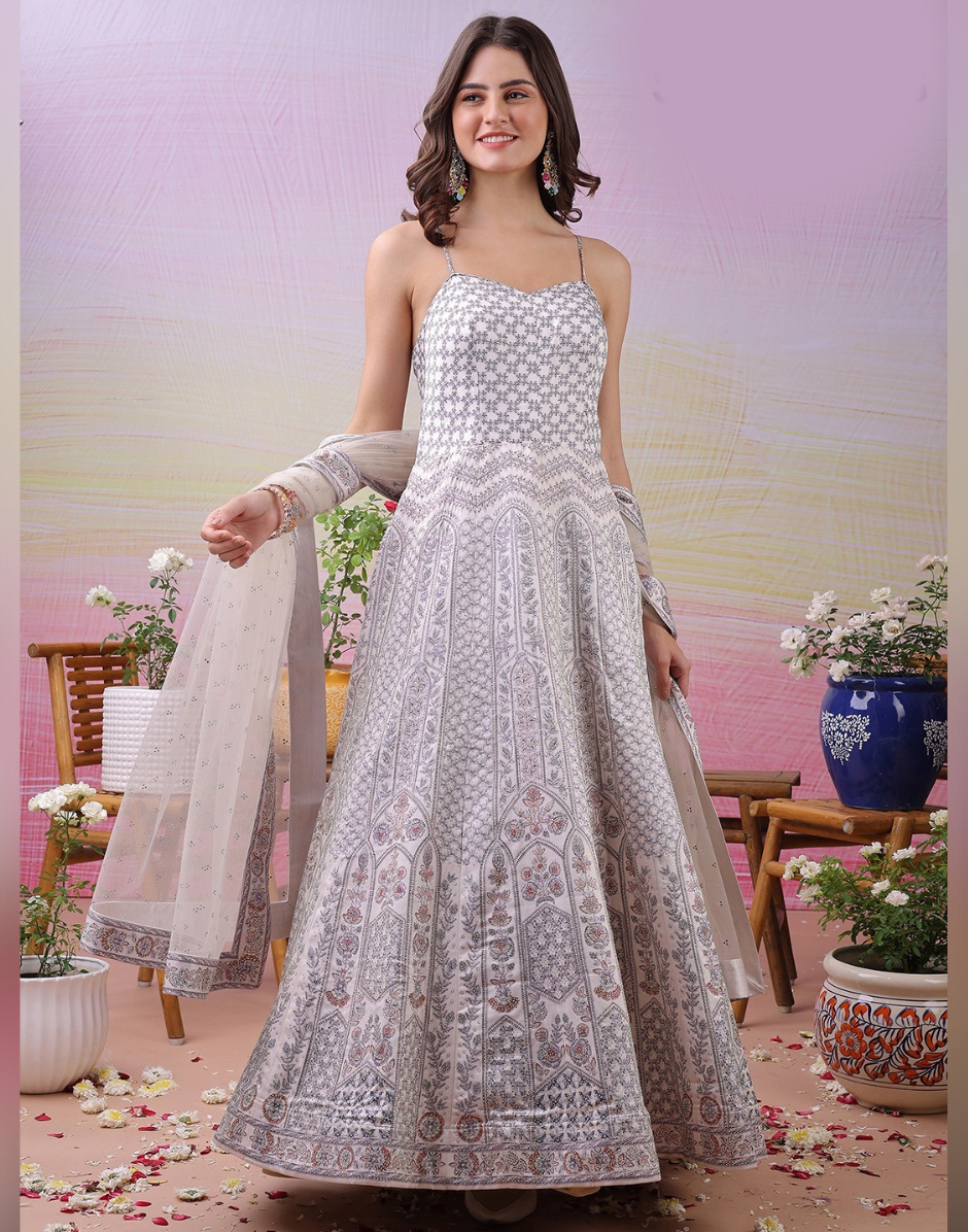 Chic Grey Satin Silk Gowns with Digital Prints & Swarovski Crystal Embellishments Grey / M / 15 Days