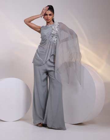Chic Grey Two-Piece Ensemble with Side Floral Applique Draped Top & Wide Flared Palazzos