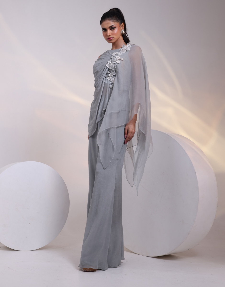 Chic Grey Two-Piece Ensemble with Side Floral Applique Draped Top & Wide Flared Palazzos_1