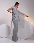 Chic Grey Two-Piece Ensemble with Side Floral Applique Draped Top & Wide Flared Palazzos_2