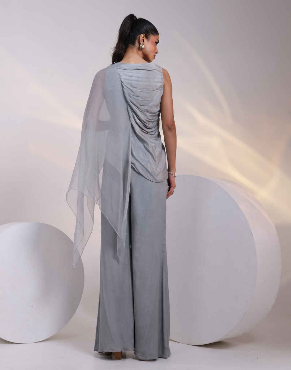 Chic Grey Two-Piece Ensemble with Side Floral Applique Draped Top & Wide Flared Palazzos_3