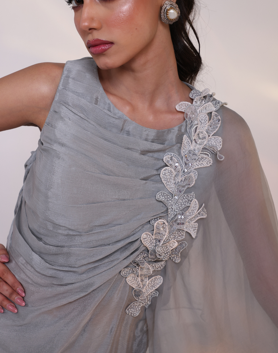 Chic Grey Two-Piece Ensemble with Side Floral Applique Draped Top & Wide Flared Palazzos_4