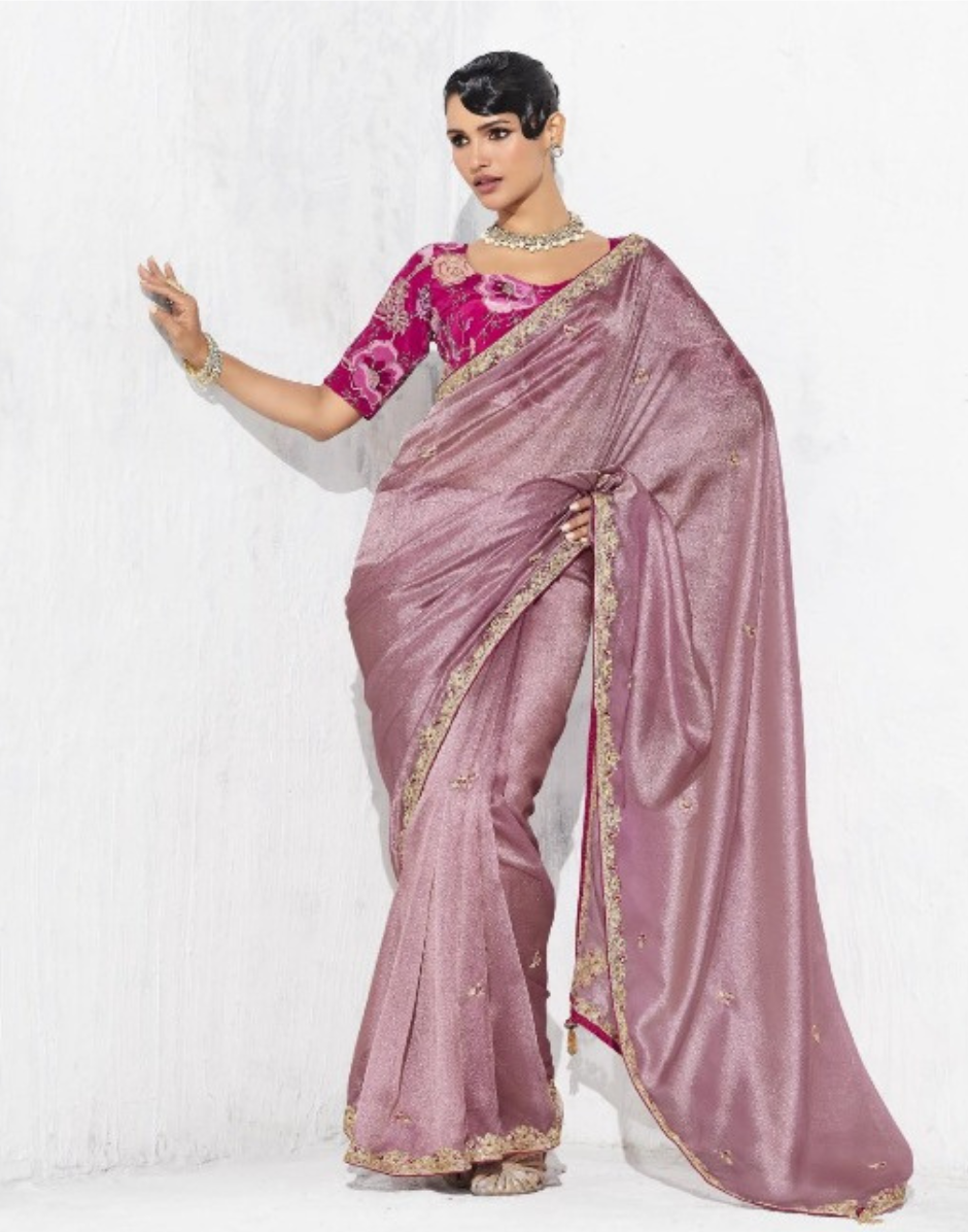Chic Mauve Pink Embroidered Saree with Blouse Perfect for Weddings & Parties - Buy
