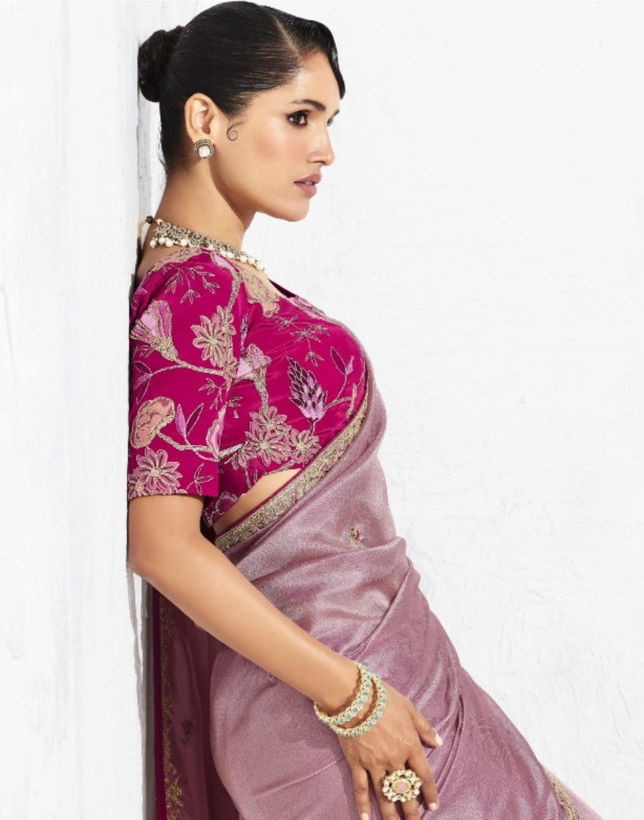 Chic Mauve Pink Embroidered Saree with Blouse Perfect for Weddings & Parties - Buy_2