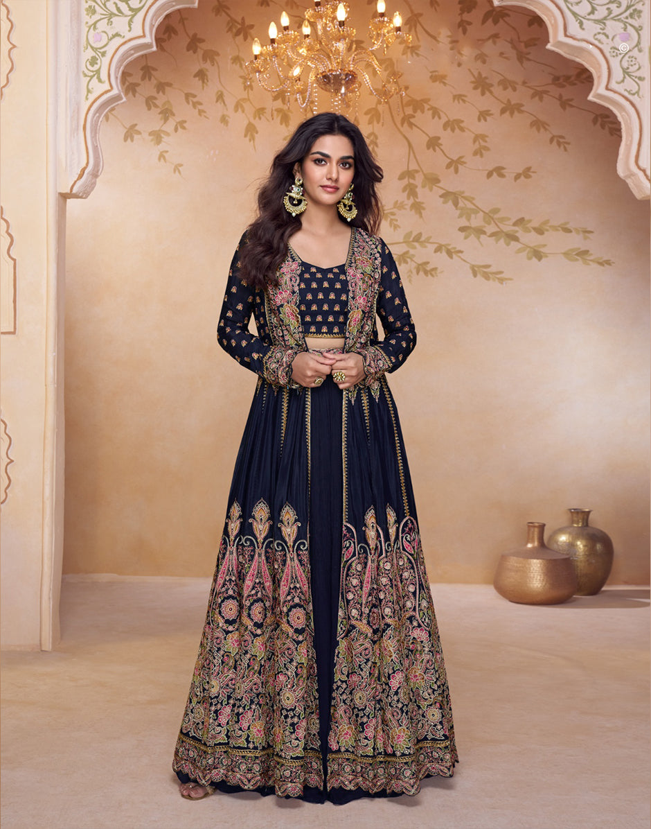 Chic Navy Georgette Embroidered Top & Bottom Set Party & Ethnic Wear - Buy