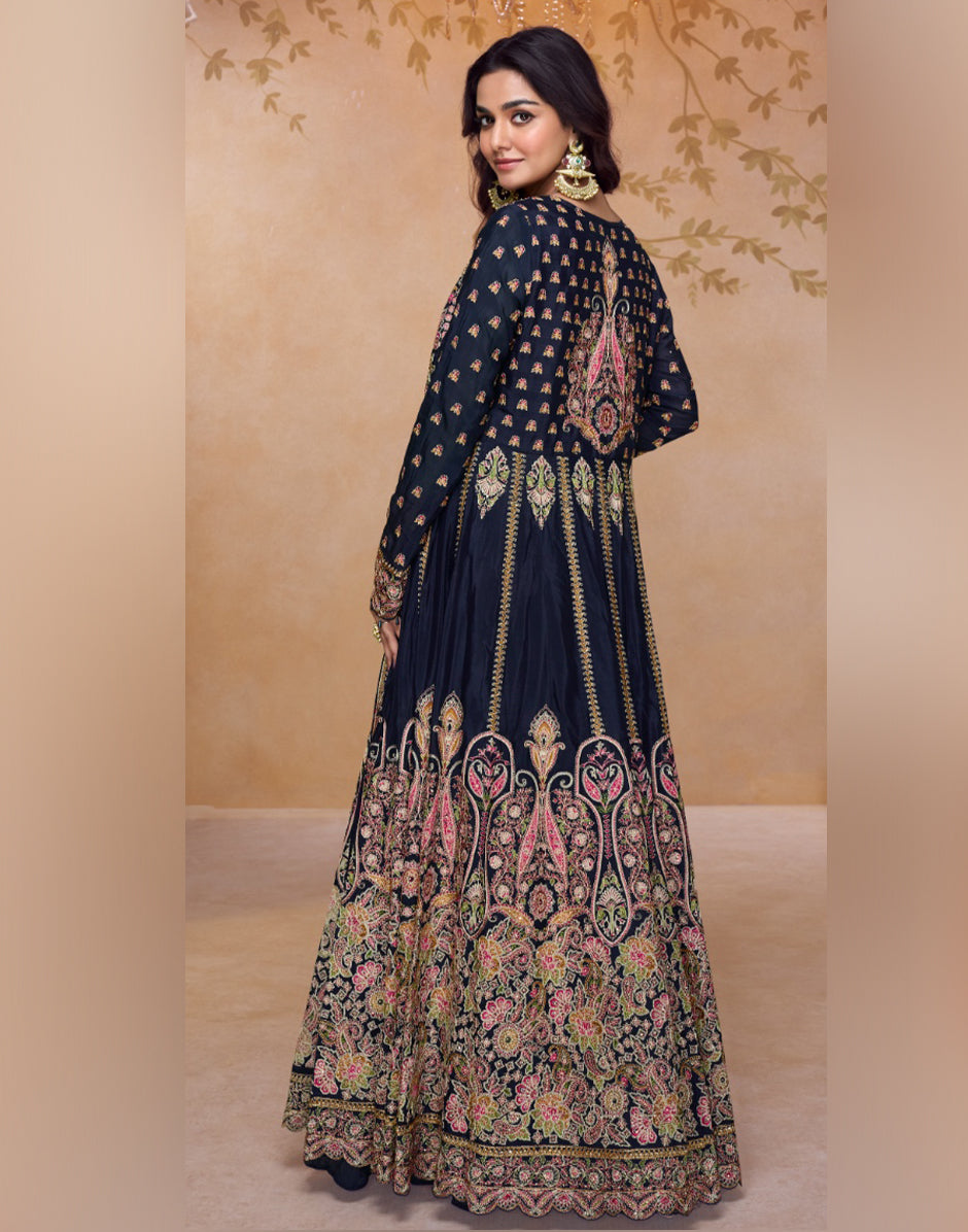 Chic Navy Georgette Embroidered Top & Bottom Set Party & Ethnic Wear - Buy_1