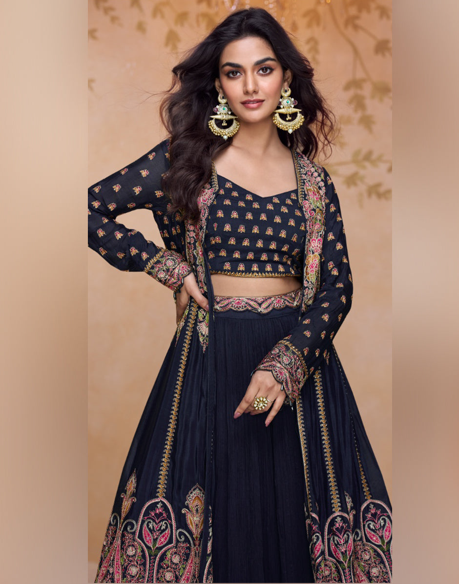 Chic Navy Georgette Embroidered Top & Bottom Set Party & Ethnic Wear - Buy_2