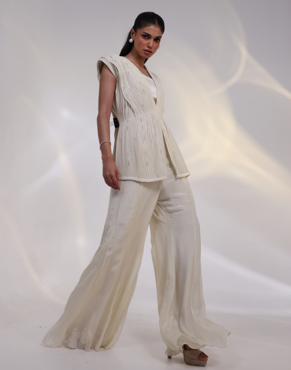 Chic Off-White Three-Piece Set Featuring Bustier Top, Flared Ankle Pants & Tailored Overlay Jacket
