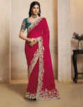 Chic Pink Dual Tone Satin Saree with Artistic Thread Embroidery & Multi-Stone Satin Blouse - Buy