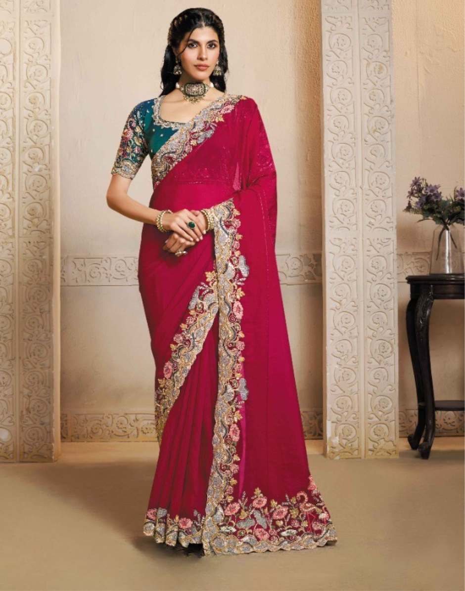 Chic Pink Dual Tone Satin Saree with Artistic Thread Embroidery & Multi-Stone Satin Blouse - Buy