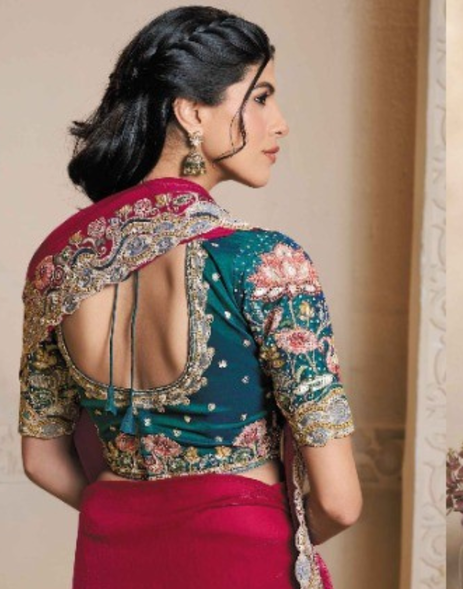 Chic Pink Dual Tone Satin Saree with Artistic Thread Embroidery & Multi-Stone Satin Blouse - Buy_1