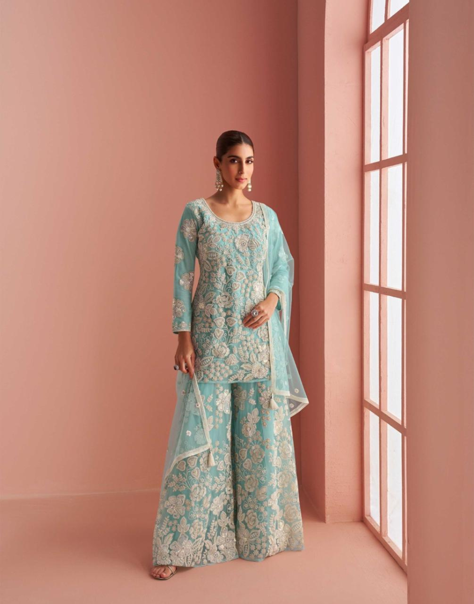 Chic Sky Blue Halter Ethnic Set Front & Back Bead Embroidery with Palazzo & Dupatta - Buy