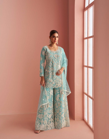 Chic Sky Blue Halter Ethnic Set Front & Back Bead Embroidery with Palazzo & Dupatta - Buy