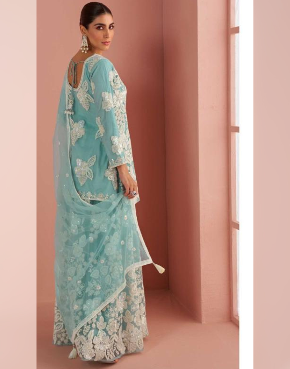 Chic Sky Blue Halter Ethnic Set Front & Back Bead Embroidery with Palazzo & Dupatta - Buy