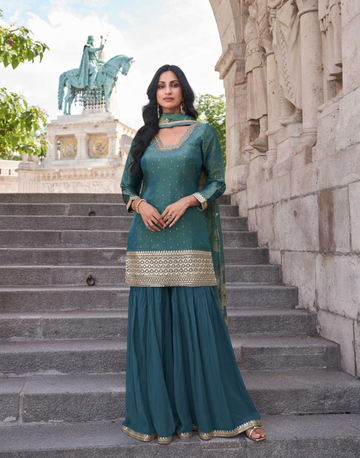 Chic & Traditional Green Embroidered Chinon Kurta Set with Palazzo and Embroidery - Buy