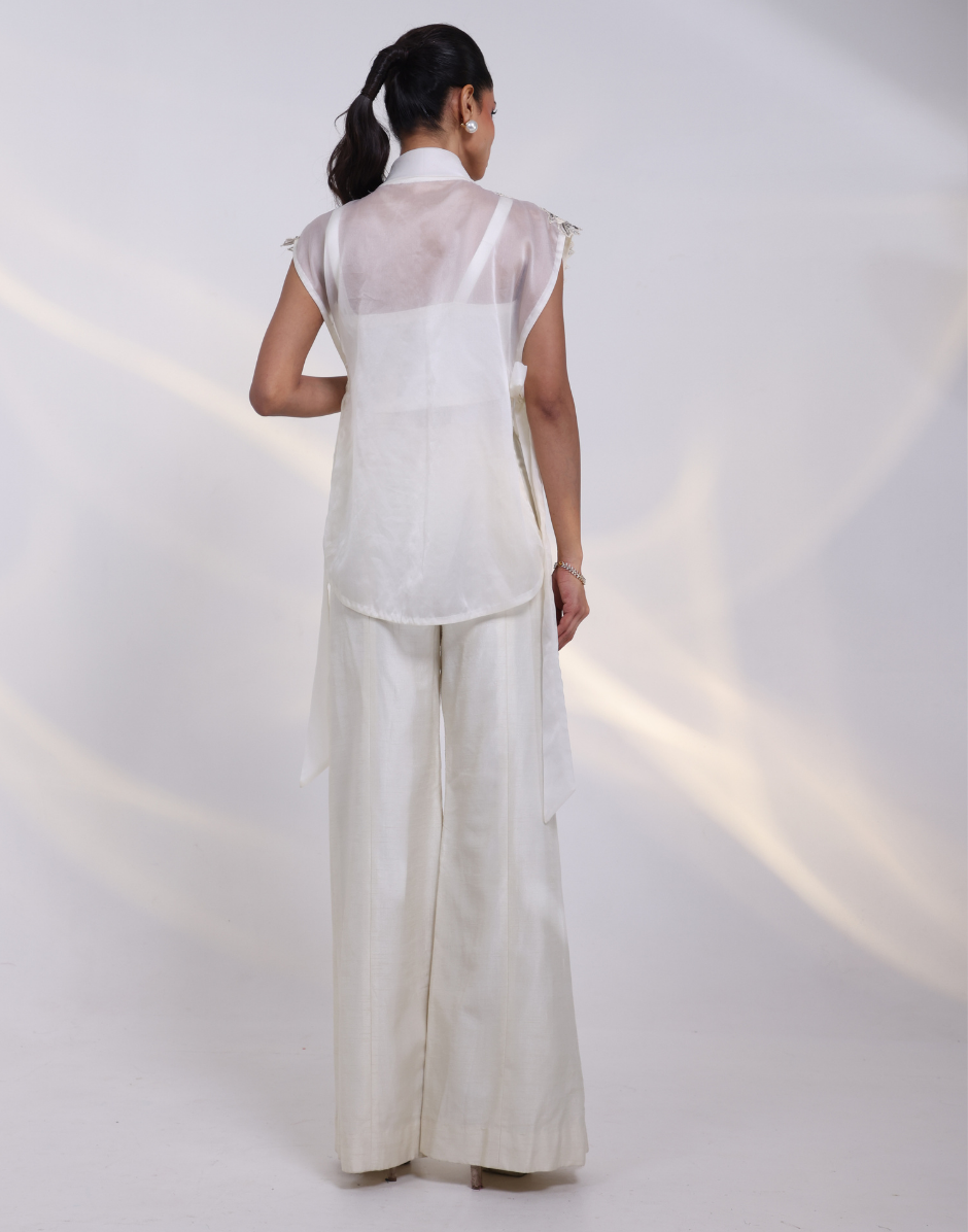 Chic White Three-Piece Set Bustier, Straight Pants & Embroidered Overlay Jacket_3