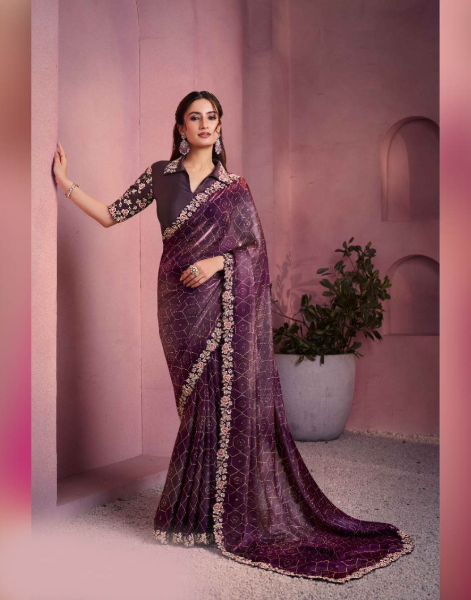 Chic Wine Two-Tone Satin Silk Saree with Bandhani Gajji Print Hand Embroidered & Embellished - Buy