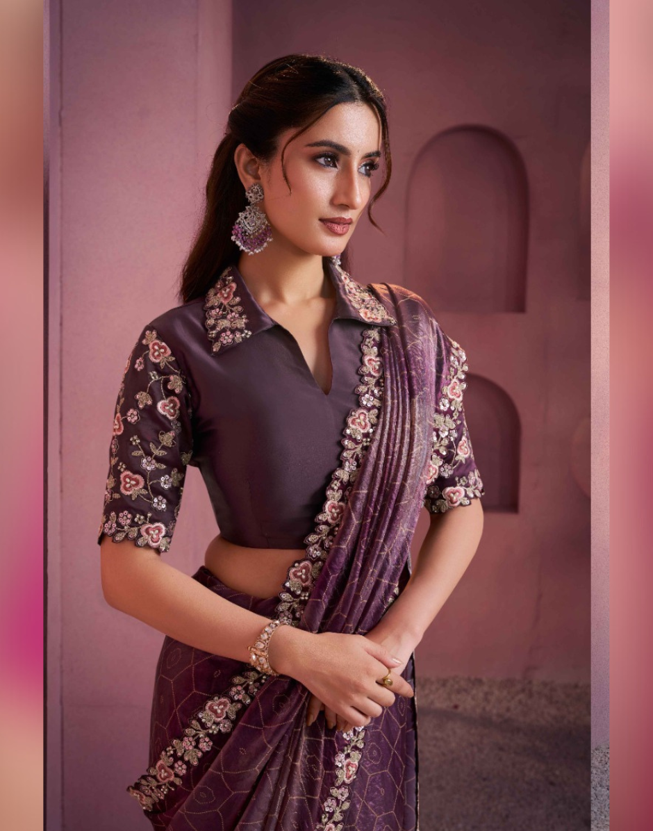 Chic Wine Two-Tone Satin Silk Saree with Bandhani Gajji Print Hand Embroidered & Embellished - Buy_1