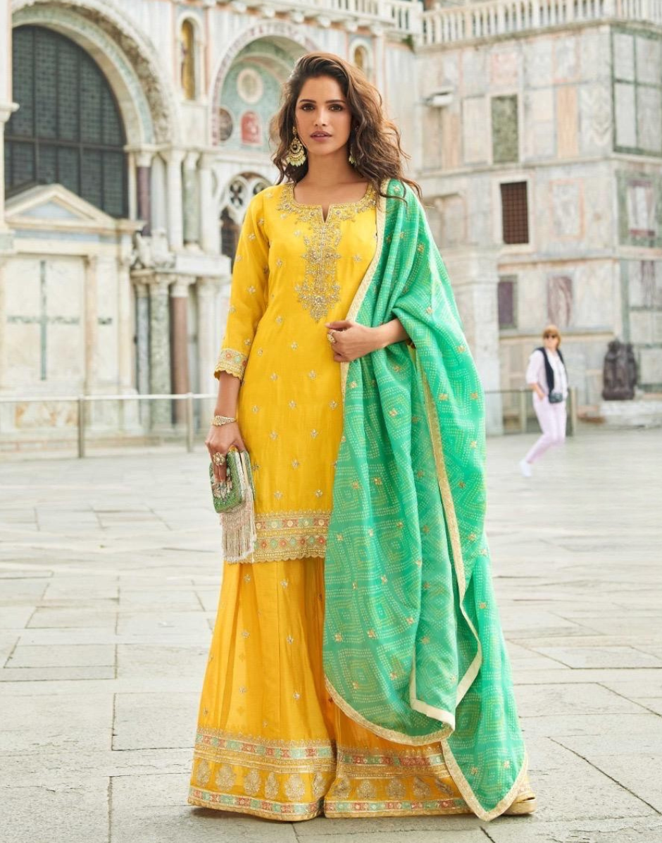 Chic Yellow Silk Embroidered Sharara Set Perfect for Haldi, Mehendi & Festive Looks - Buy_1