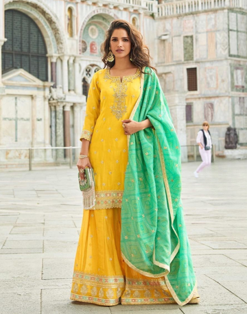 Chic Yellow Silk Embroidered Sharara Set Perfect for Haldi, Mehendi & Festive Looks - Buy_1