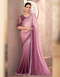 Chic in Blush Lightweight Chiffon Saree with Designer Linen Work Blouse - Buy