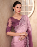 Chic in Blush Lightweight Chiffon Saree with Designer Linen Work Blouse - Buy_1
