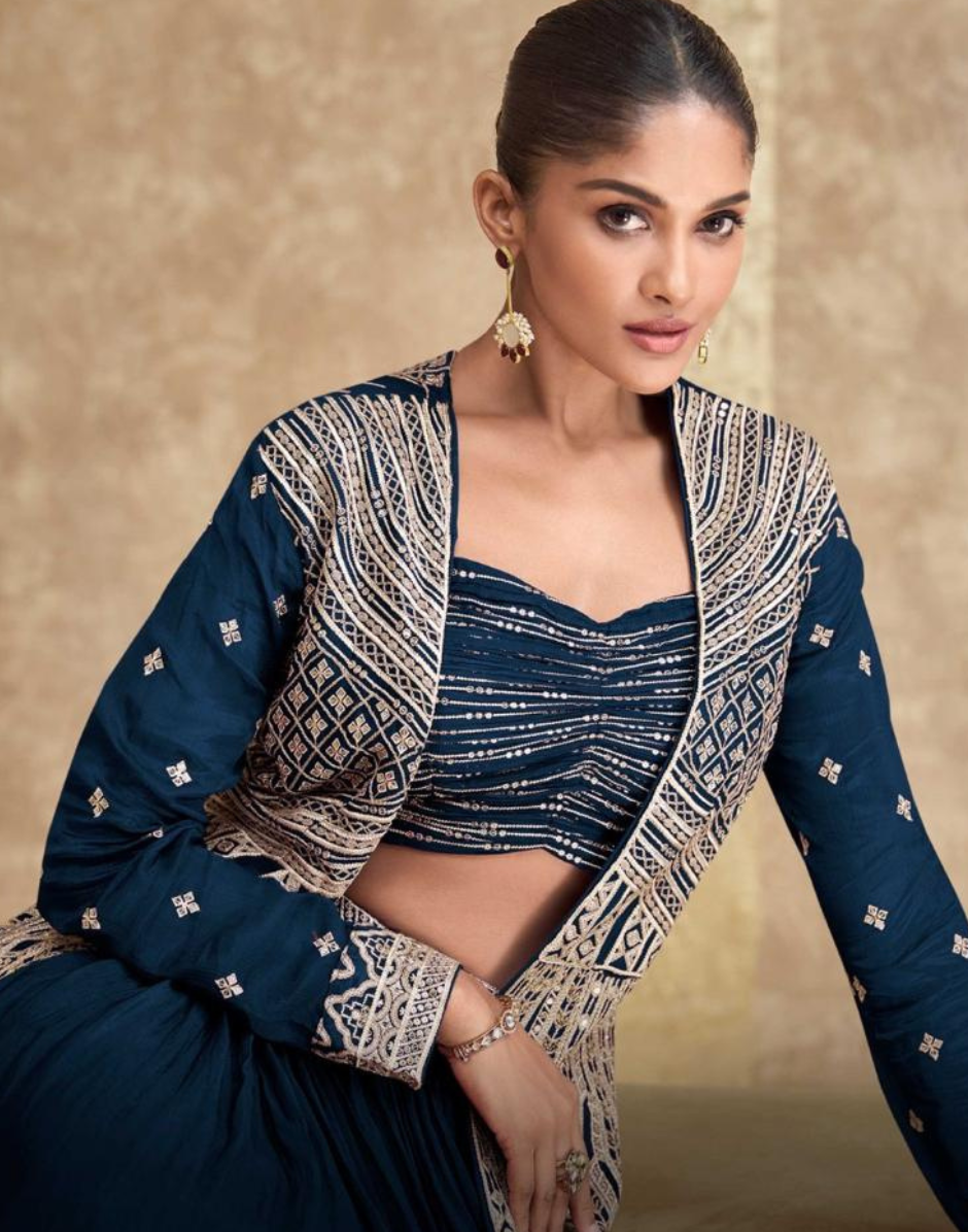 Chinon Silk Sequinned Top & Skirt Set with Heavy Embroidery Jacket Luxury Designer Wear