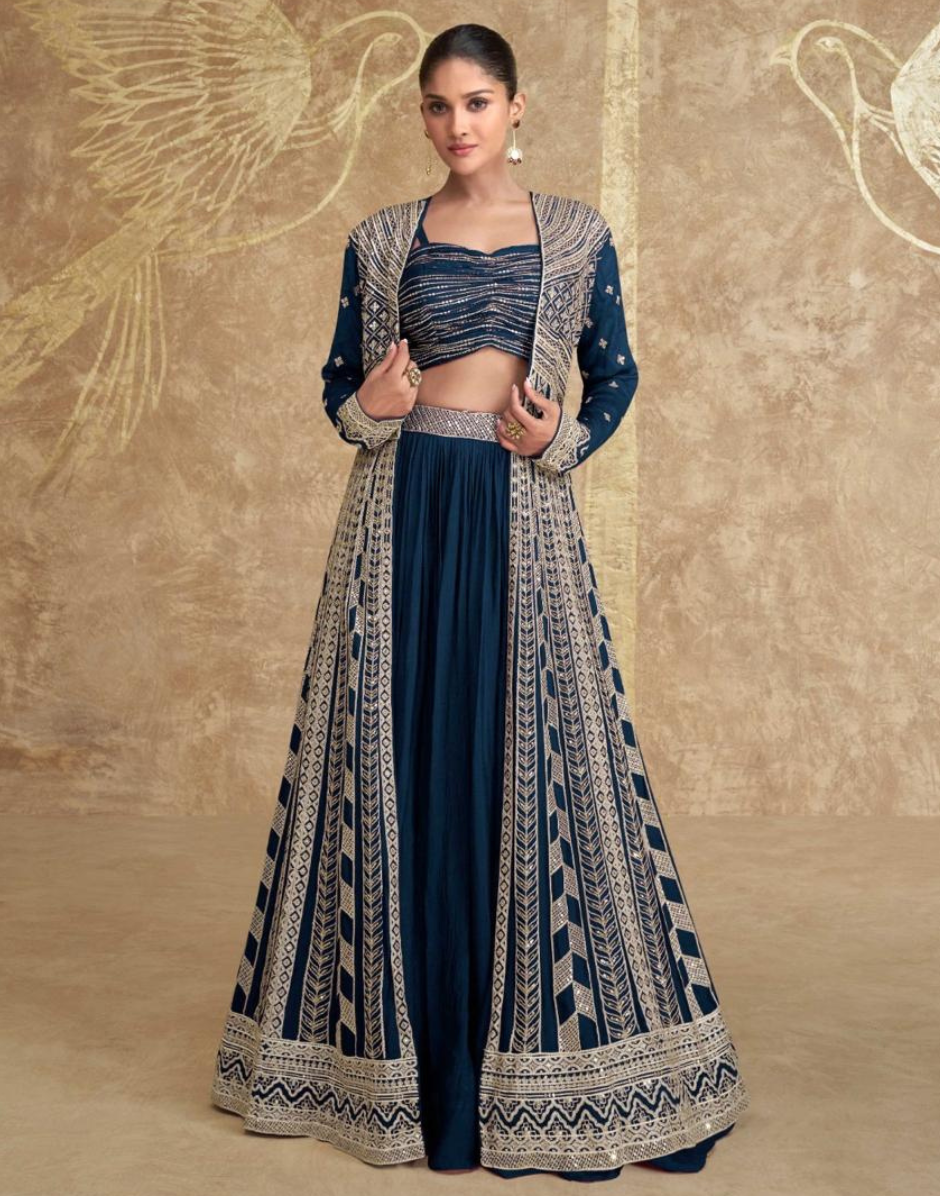 Chinon Silk Sequinned Top & Skirt Set with Heavy Embroidery Jacket Luxury Designer Wear