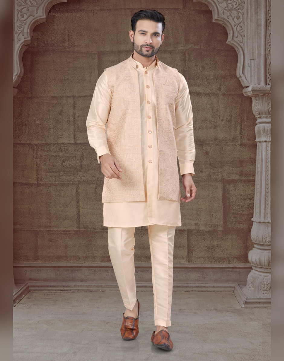 Royal Cream Jacquard Jacket with Front-Open Silk Kurta Pajama Luxe Men’s Ethnic Wear for Weddings & Receptions main image 0