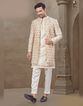 Classic Beige Floral Kurta Set for Men Jacquard Silk with Ethnic Jacket