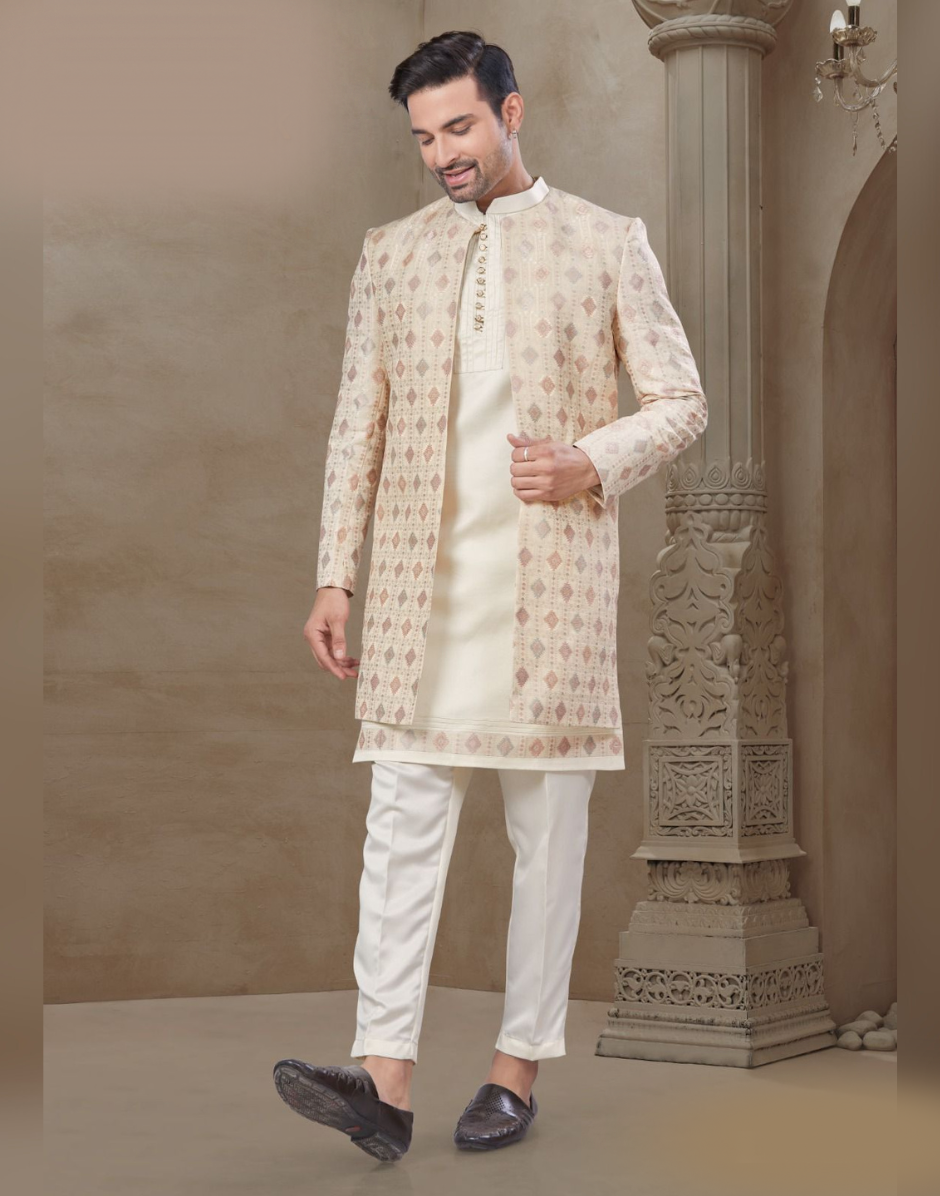 Classic Beige Floral Kurta Set for Men Jacquard Silk with Ethnic Jacket