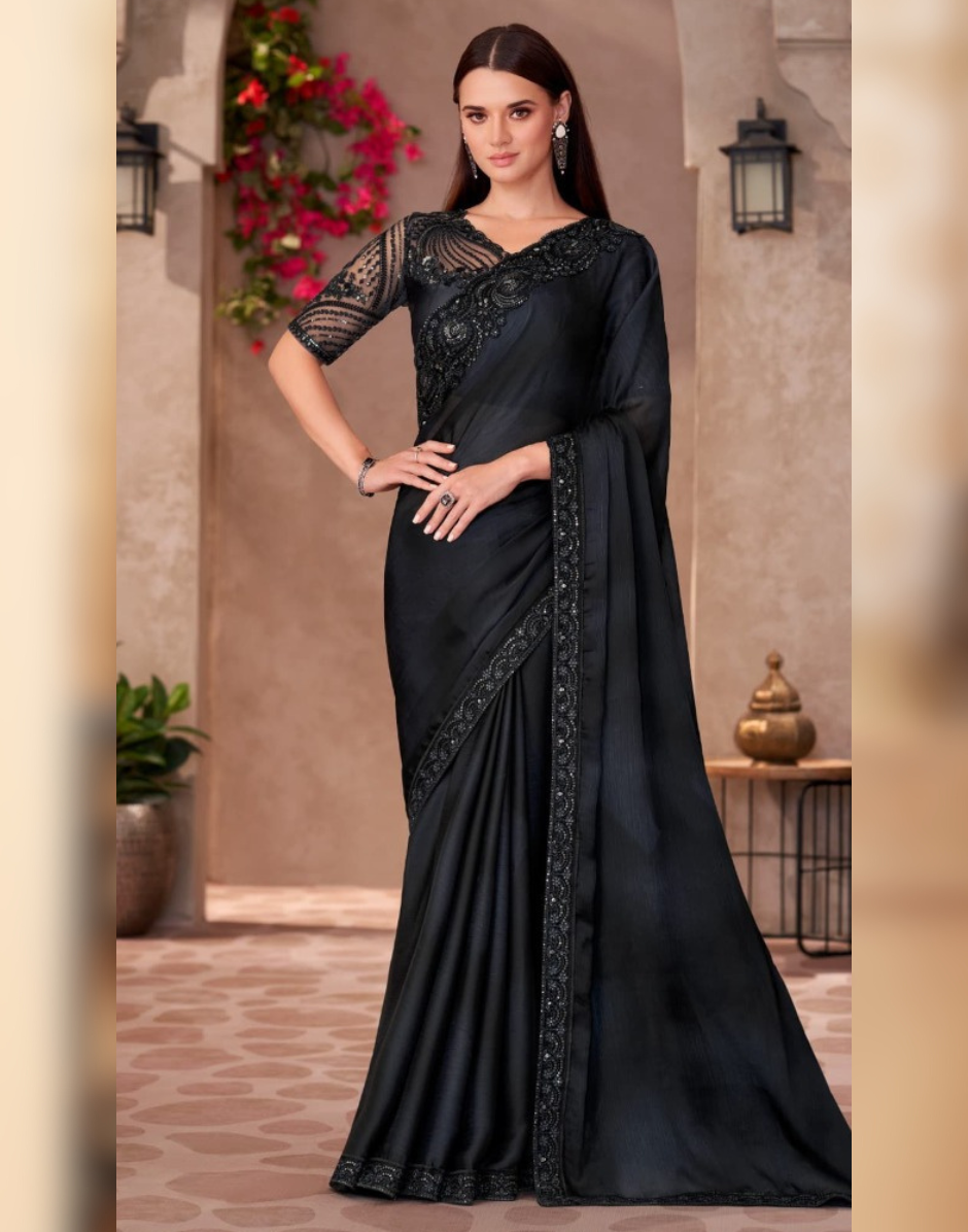 Classic Black Sparkle Saree in Chiffon with Handcrafted Linen Blouse - Buy