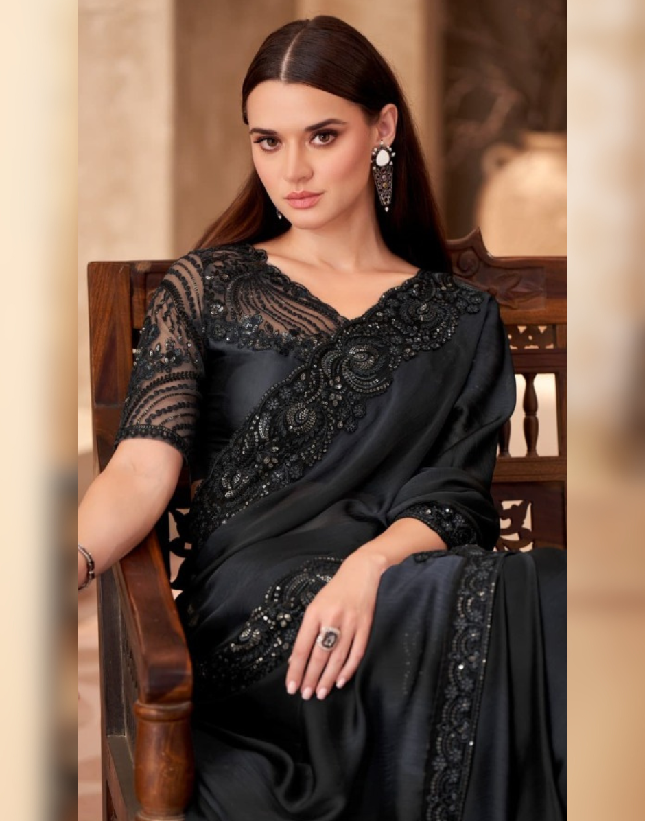 Classic Black Sparkle Saree in Chiffon with Handcrafted Linen Blouse - Buy
