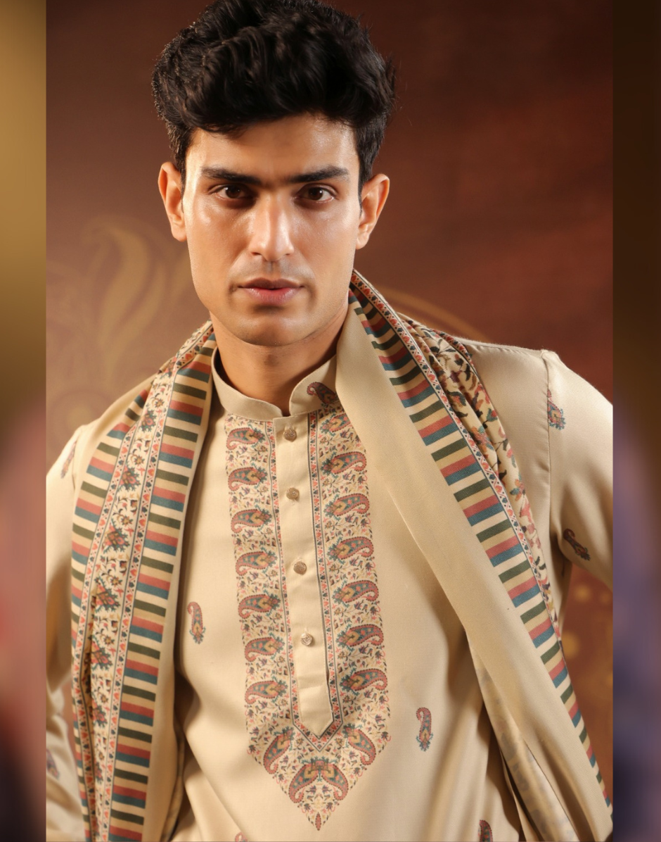 Classic Cream Paisley Kurta Pajama Dupatta Set Lightweight & Cozy Pashmina Feel_1