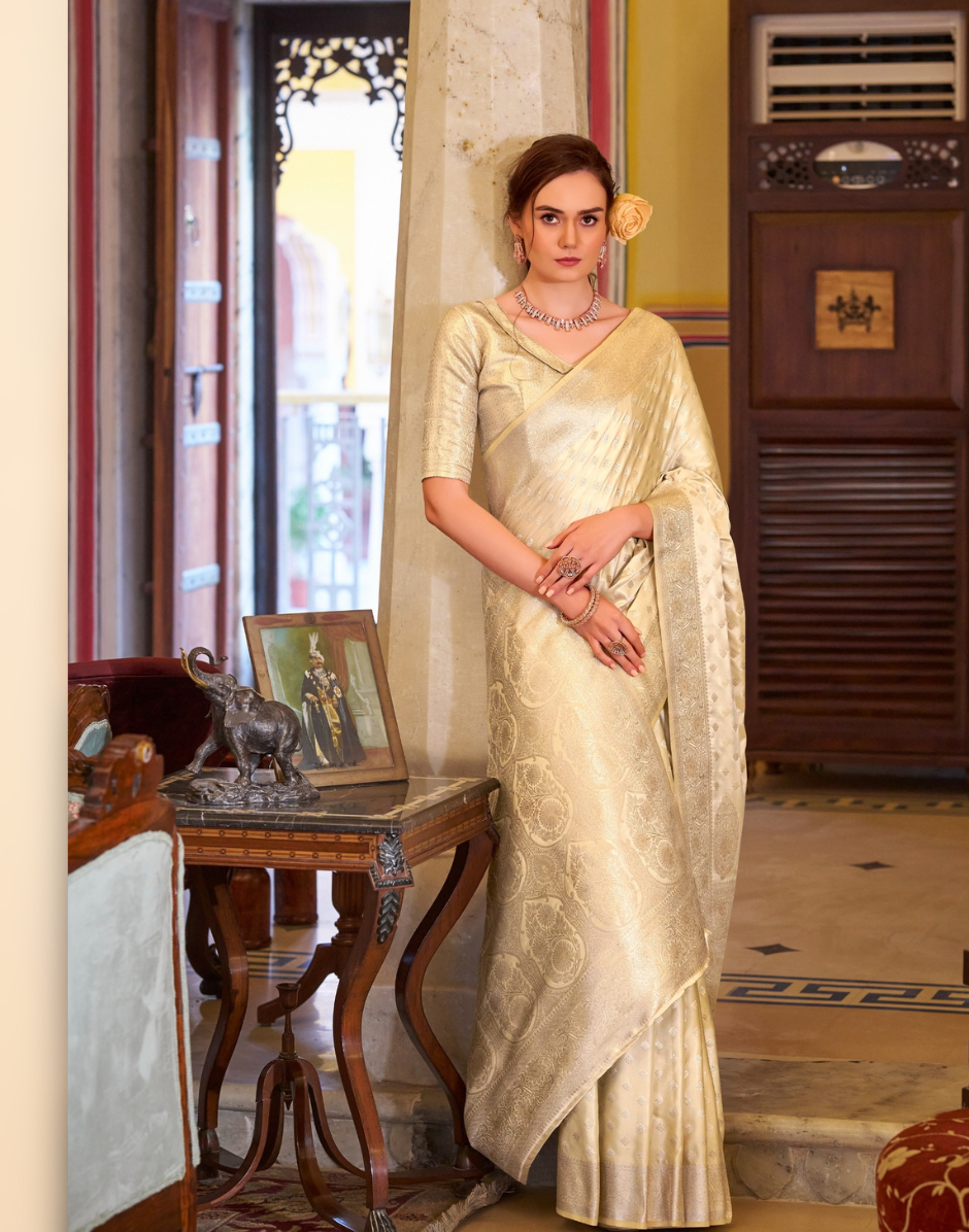 Classic Cream Satin Banarasi Silk Saree with Regal Appeal - Buy