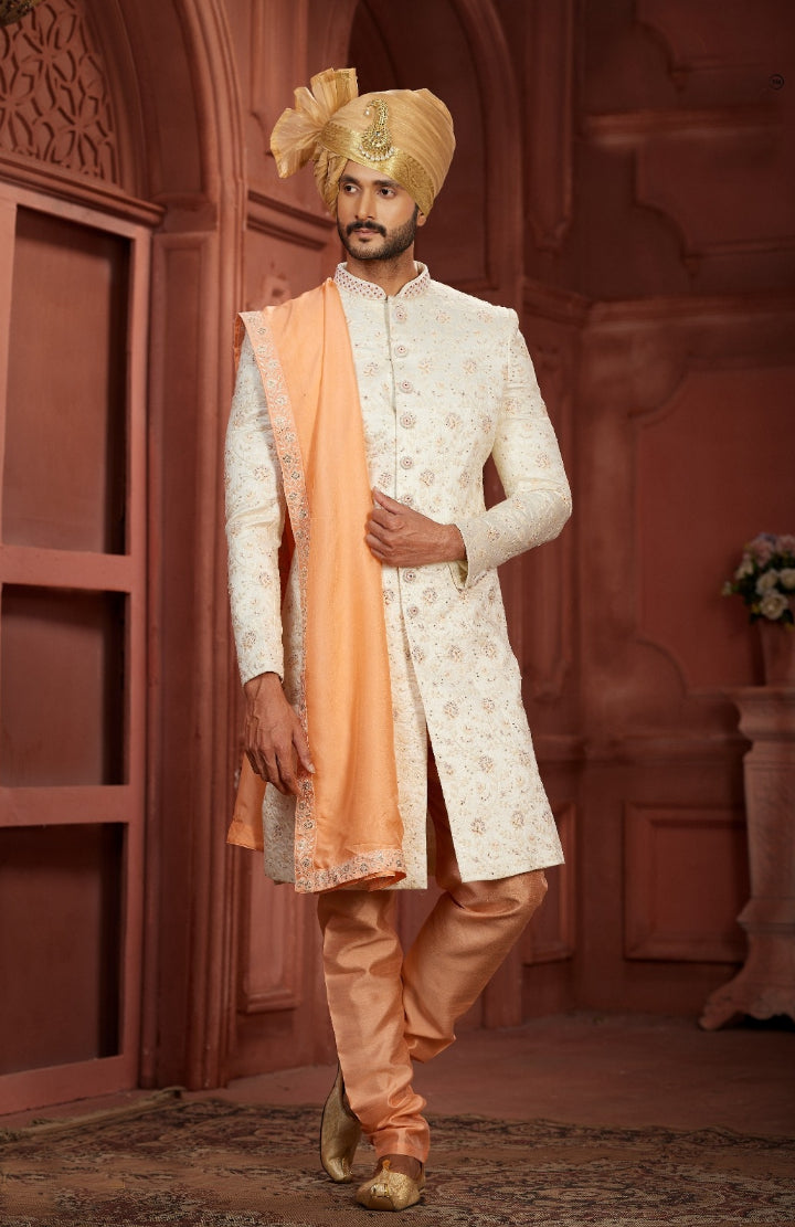 Classic Cream Sherwani Golden Turban With A Golden Dupatta - Rent