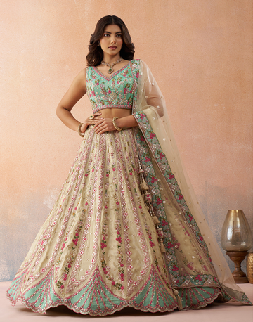 Classic Cream Tissue Sequins Embroidered Lehenga with Blouse & Elegant Dupatta