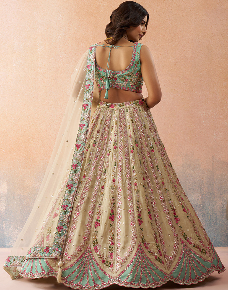 Classic Cream Tissue Sequins Embroidered Lehenga with Blouse & Elegant Dupatta_2