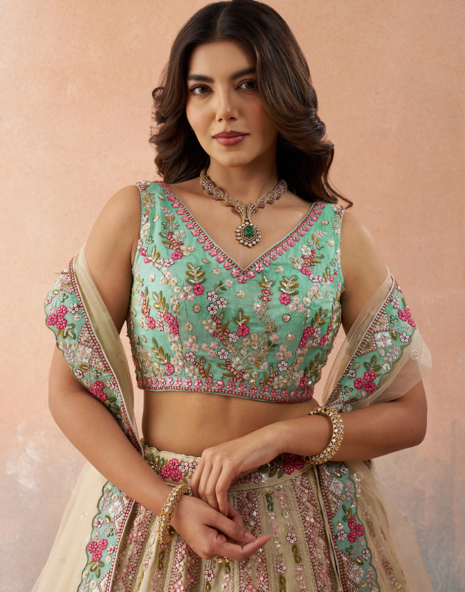 Classic Cream Tissue Sequins Embroidered Lehenga with Blouse & Elegant Dupatta_3