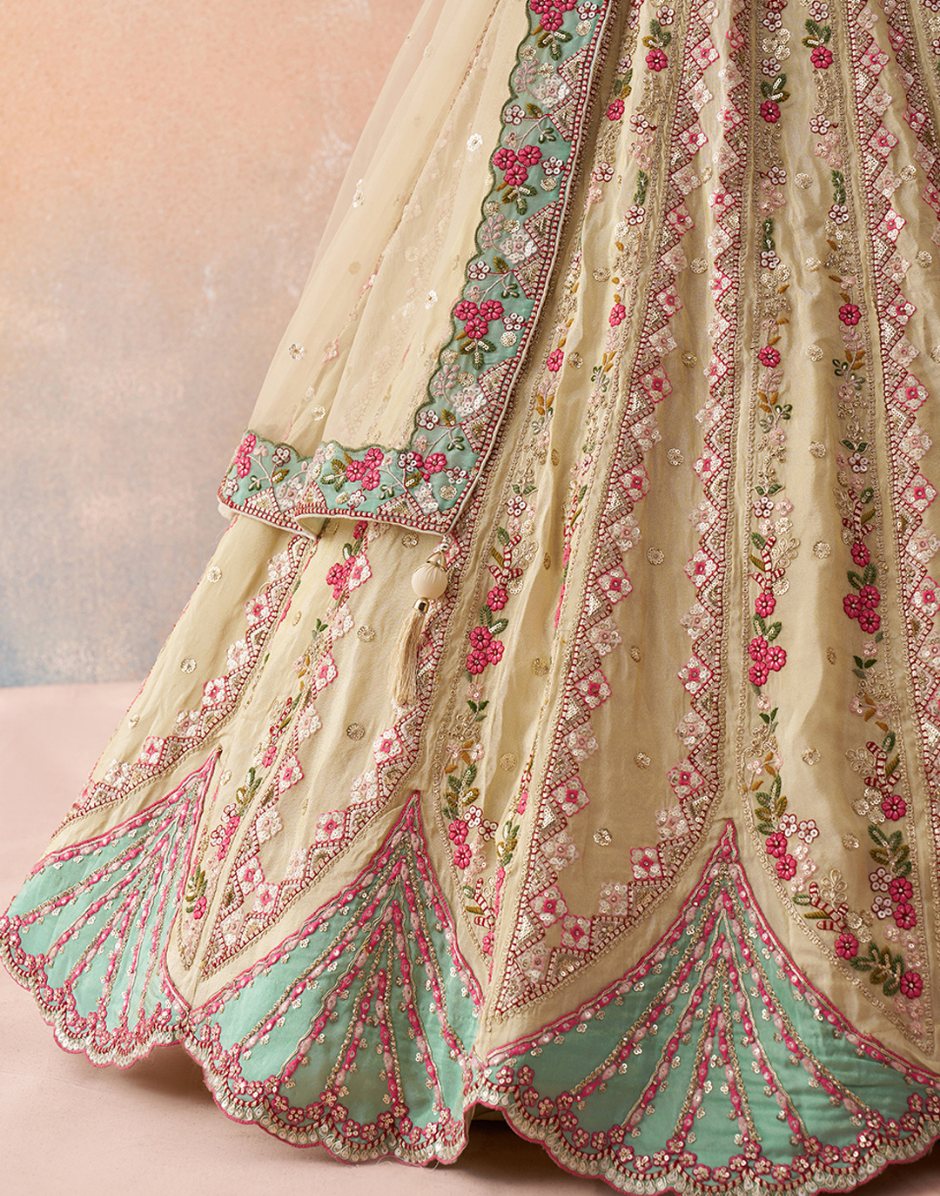 Classic Cream Tissue Sequins Embroidered Lehenga with Blouse & Elegant Dupatta_4