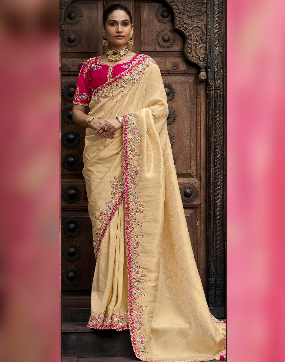 Classic Fusion of Grace and Craftsmanship Cream Designer Self-Design Embroidered Viscose Tissue Saree