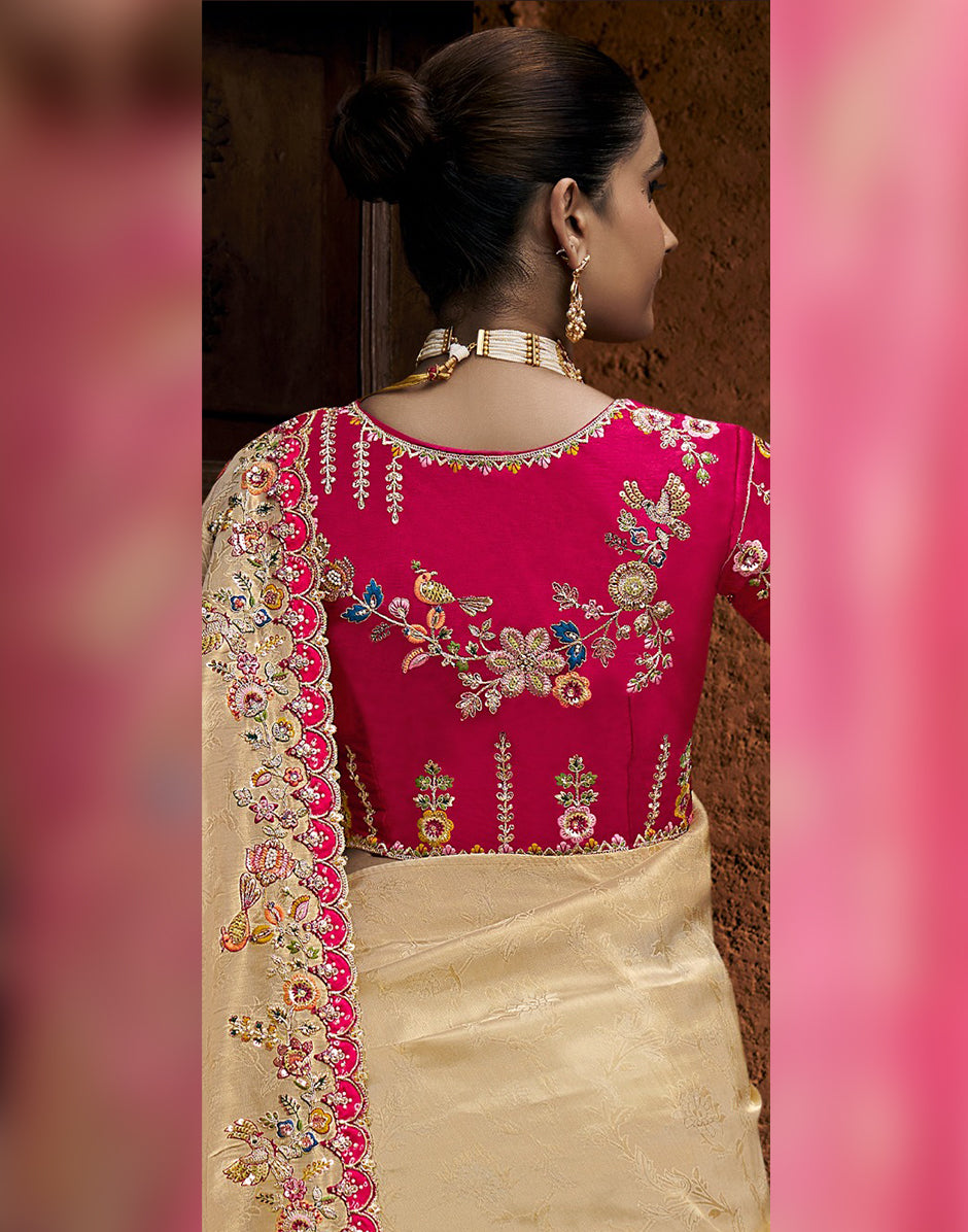 Classic Fusion of Grace and Craftsmanship Cream Designer Self-Design Embroidered Viscose Tissue Saree