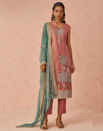 Classic Kurta with Intricate Fine Embroidery, Chiffon Dupatta with Four-Side Border & Matching Bottoms