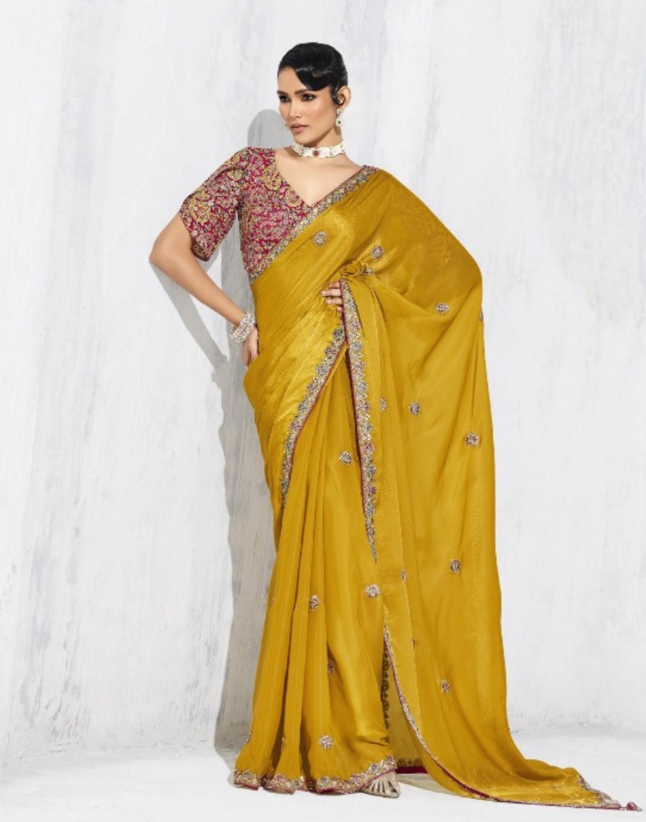 Classic Trendy Yellow Embroidered Saree with Contemporary Printed Blouse - Buy