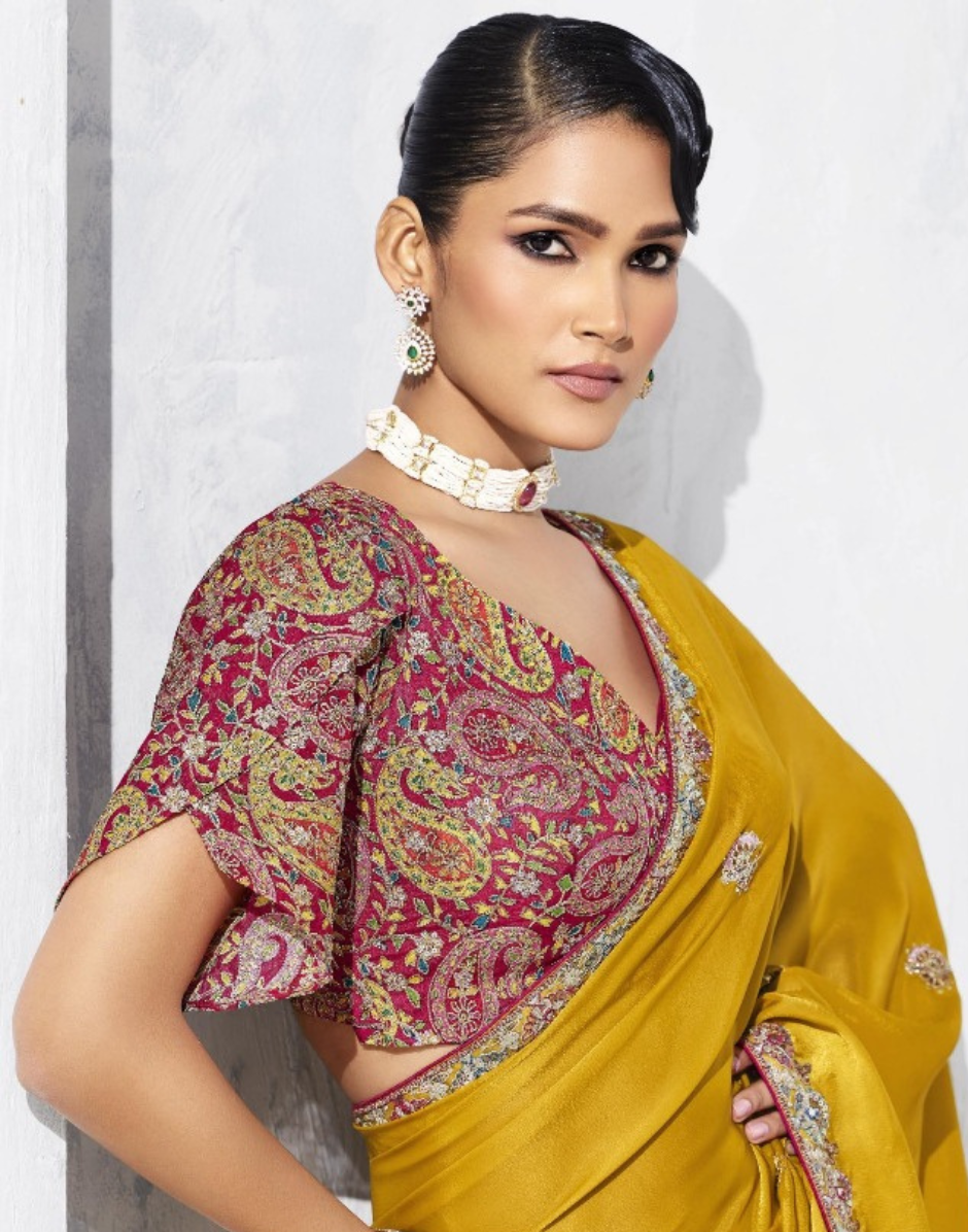 Classic Trendy Yellow Embroidered Saree with Contemporary Printed Blouse - Buy