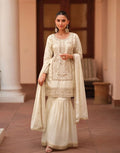 Classic White Satin Sharara Suit with Intricate Embroidery & Matching Dupatta Elegant Occasion Wear