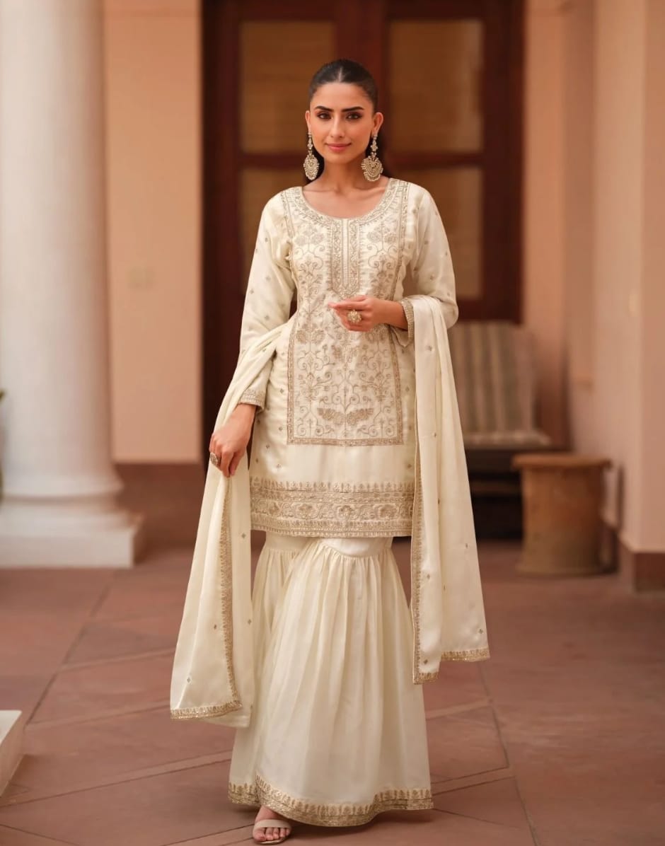 Classic White Satin Sharara Suit with Intricate Embroidery & Matching Dupatta Elegant Occasion Wear