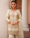 Classic White Satin Sharara Suit with Intricate Embroidery & Matching Dupatta Elegant Occasion Wear_1