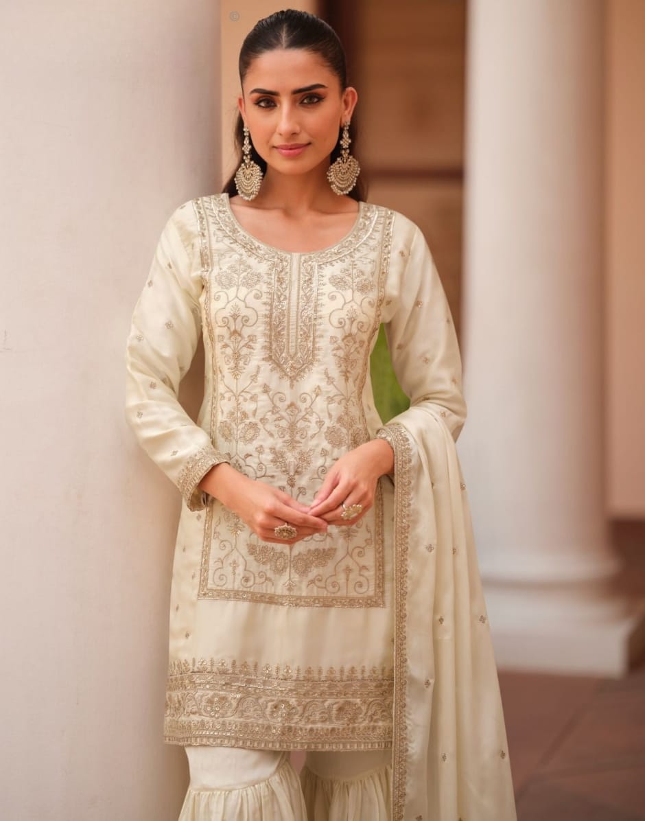 Classic White Satin Sharara Suit with Intricate Embroidery & Matching Dupatta Elegant Occasion Wear_1